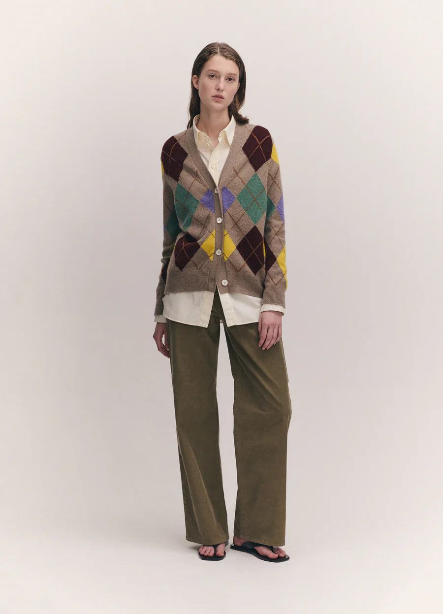 &Daughter Argyle Grandad Cardigan Natural with Yellow
