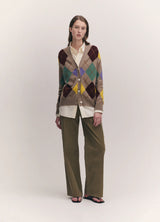 &Daughter Argyle Grandad Cardigan Natural with Yellow