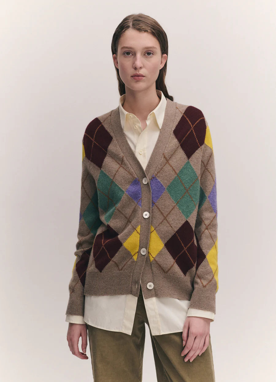 &Daughter Argyle Grandad Cardigan Natural with Yellow