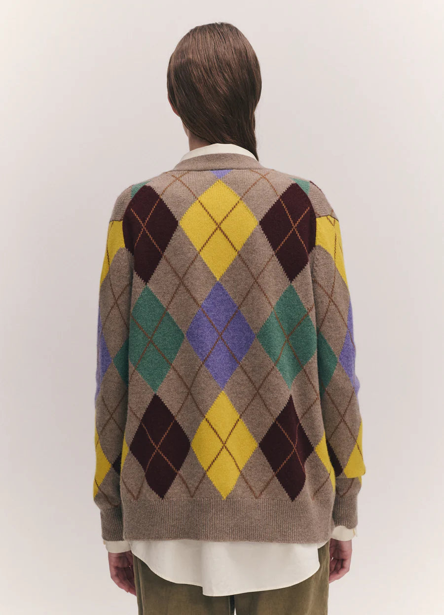 &Daughter Argyle Grandad Cardigan Natural with Yellow