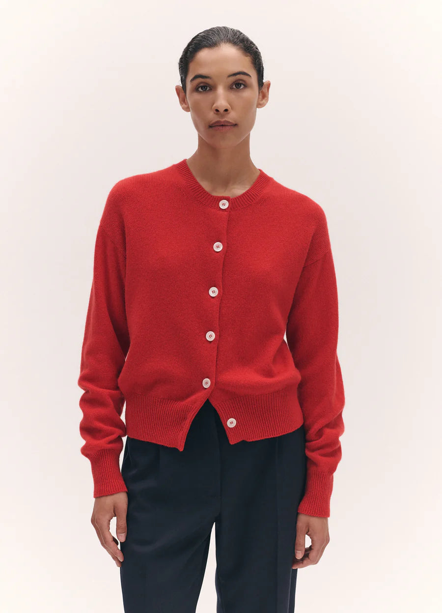 &Daughter Ada Crewneck Cardigan in Poppy Red