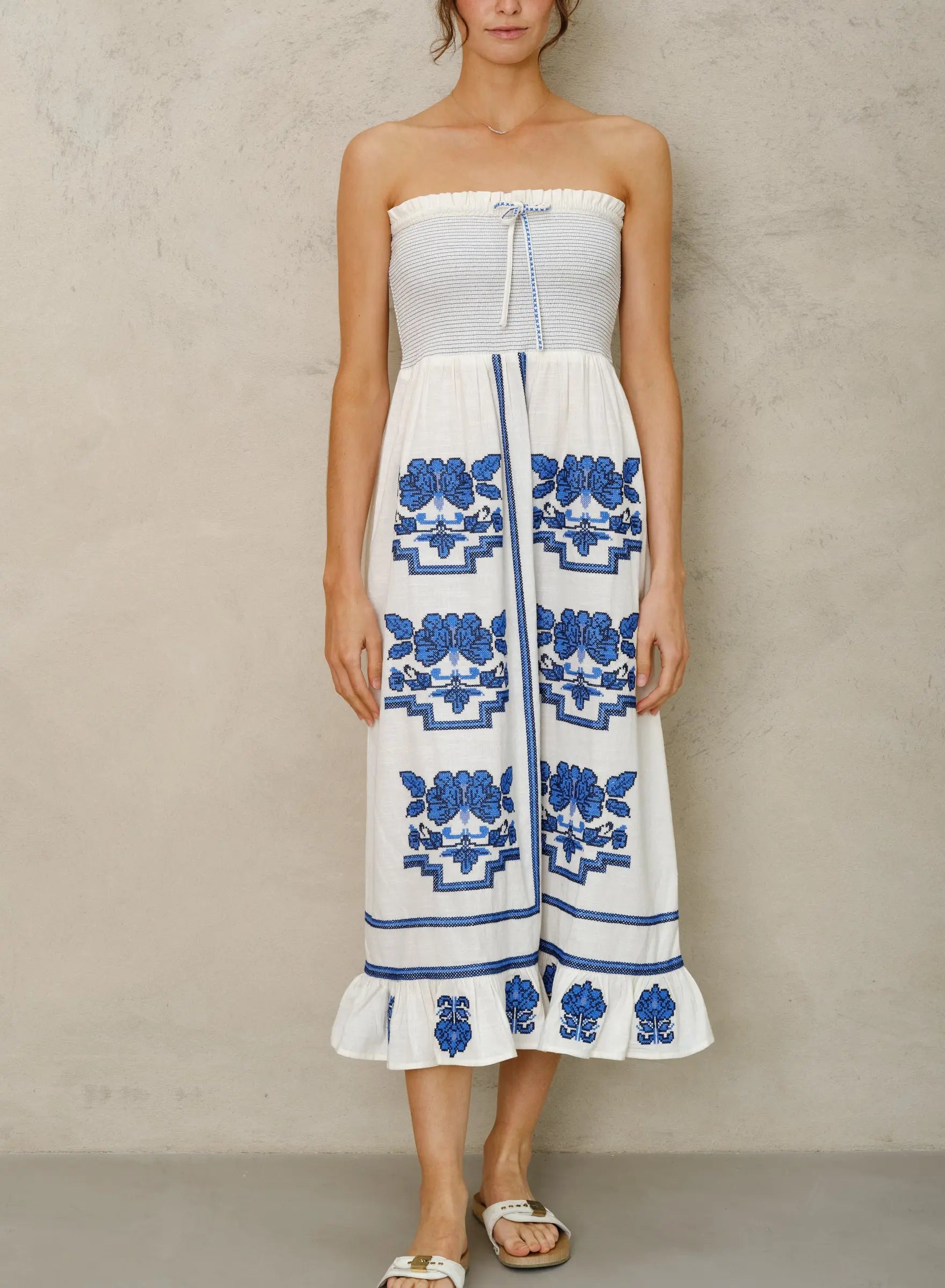 Mabe Carmi Embellished Dress in Ecru/Blue M.A.B.E