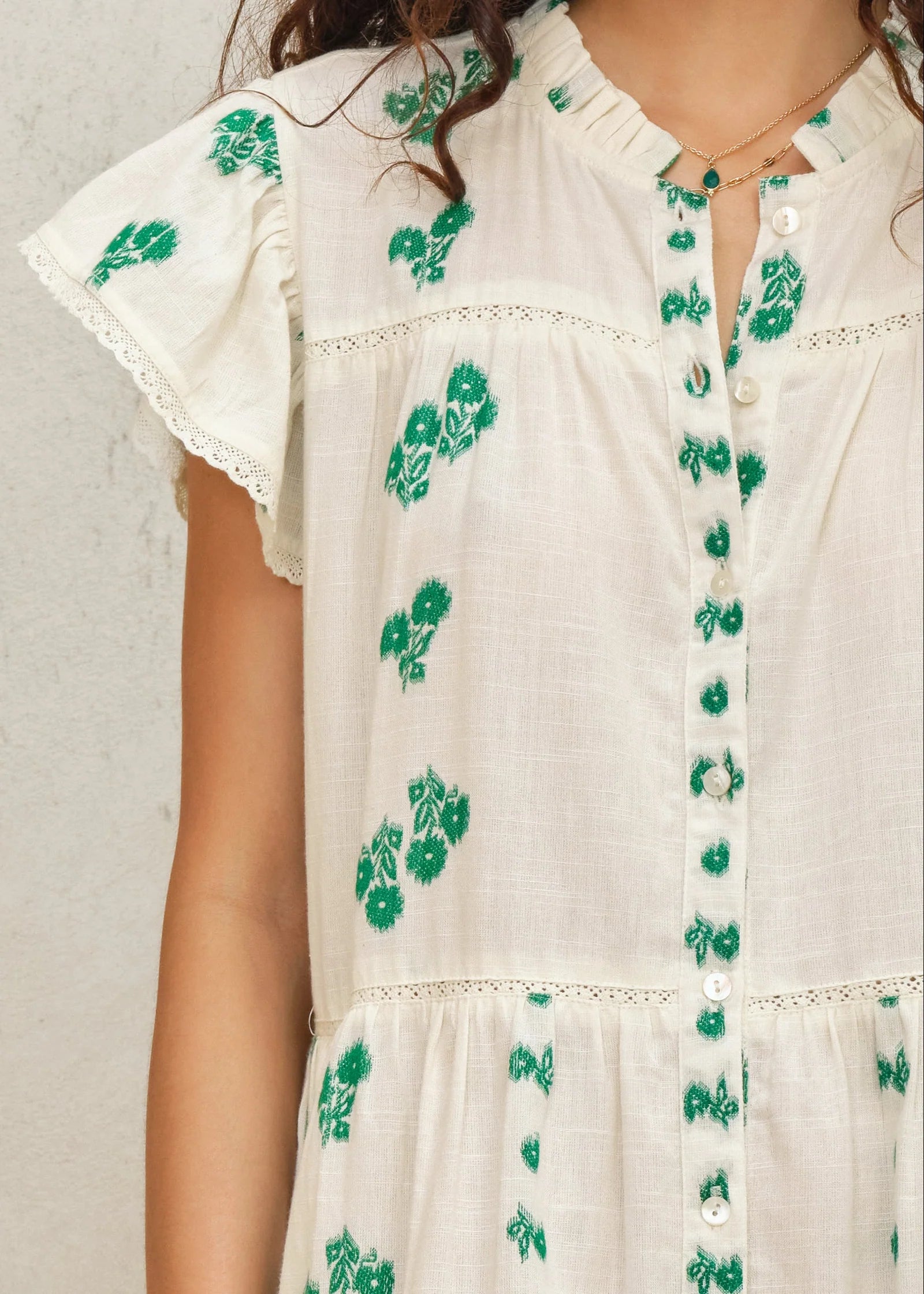 Mabe Iris Woven Frill Sleeve Dress Green
