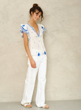 Mabe Mina Embellished Top Ivory Blue M.A.B.E