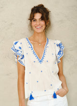 Mabe Mina Embellished Top Ivory Blue M.A.B.E