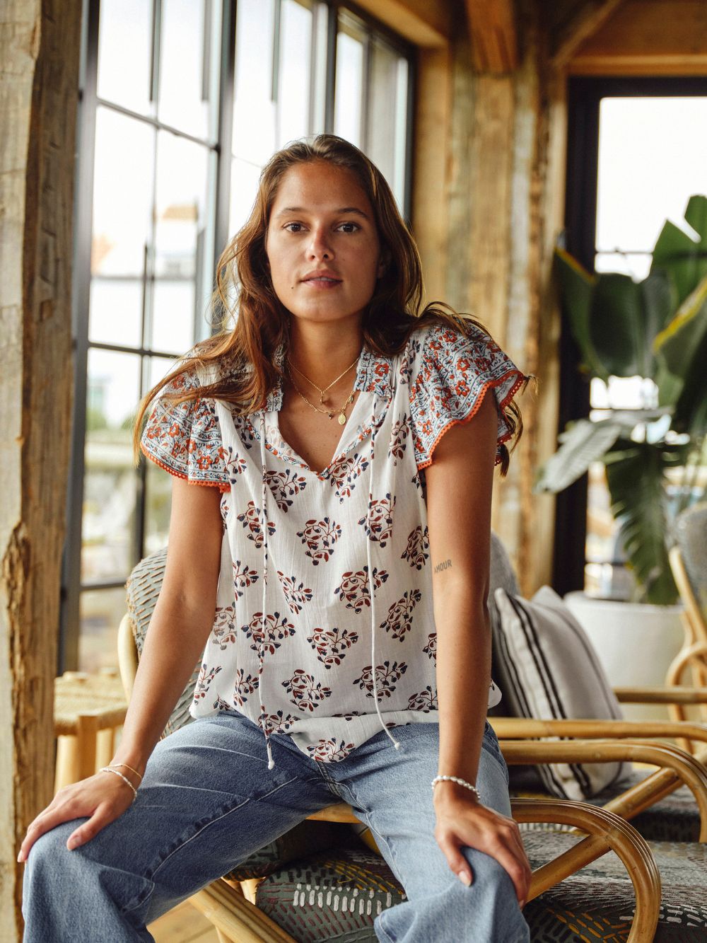 Mabe Stella Print Short Sleeve Top Ecru