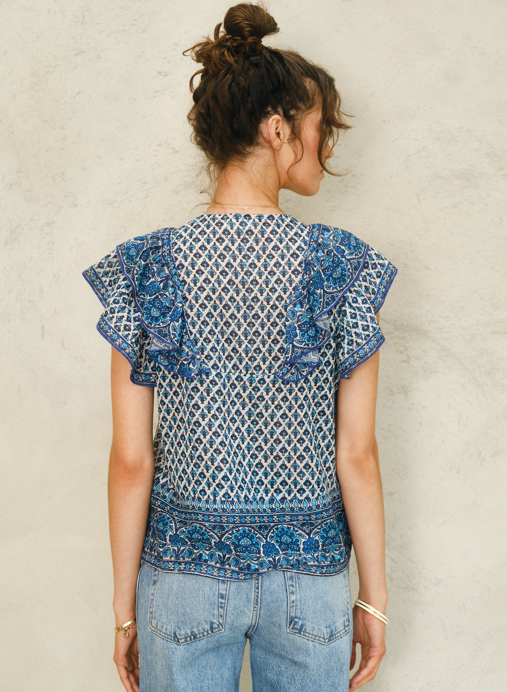 Mabe Viti Print Frill Top Blue M.A.B.E