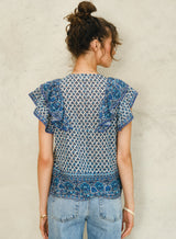 Mabe Viti Print Frill Top Blue M.A.B.E