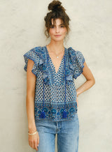 Mabe Viti Print Frill Top Blue M.A.B.E