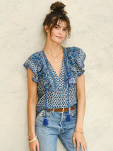Mabe Viti Print Frill Top Blue M.A.B.E