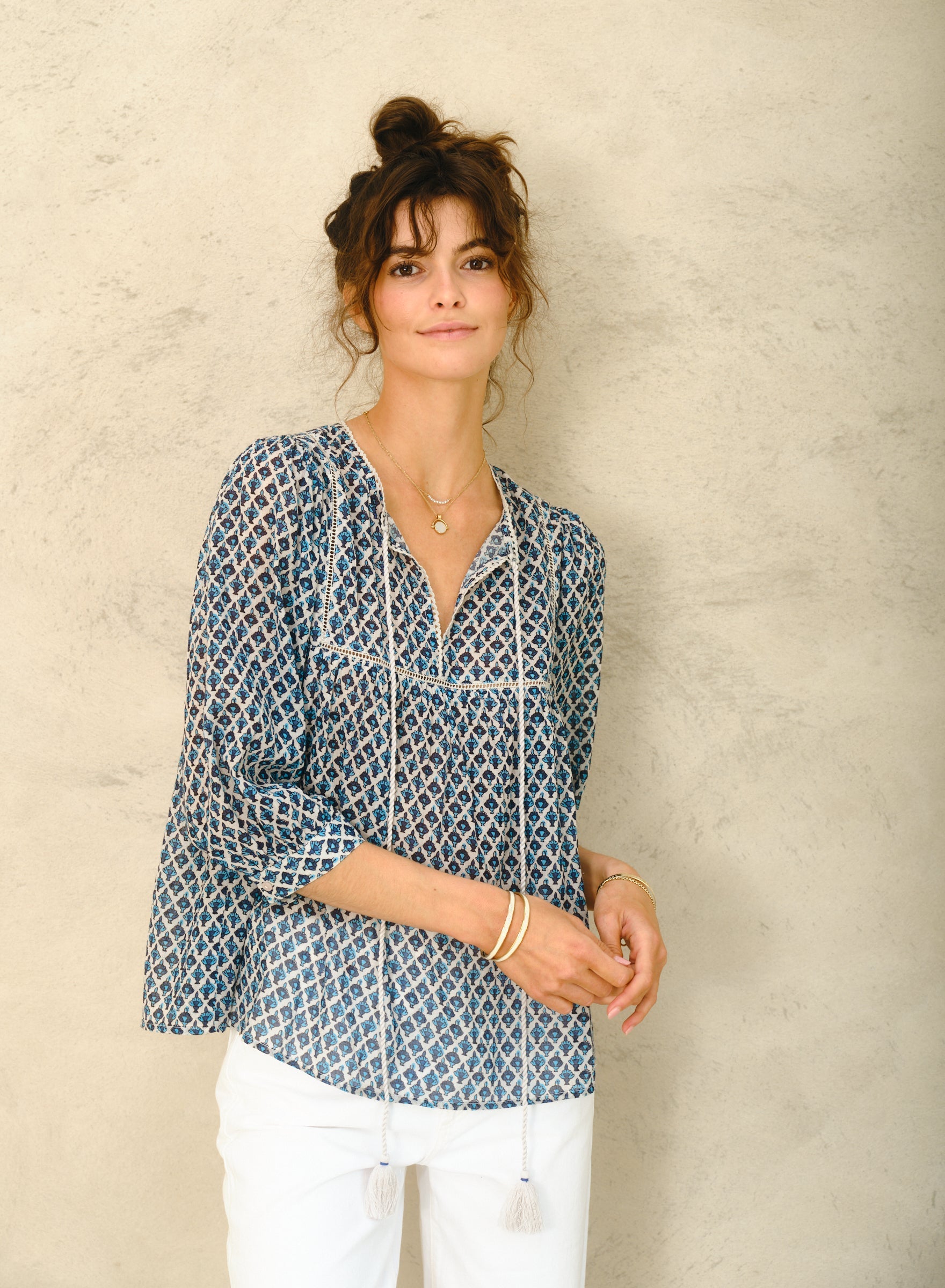Mabe Viti Print Gathered Top Blue M.A.B.E
